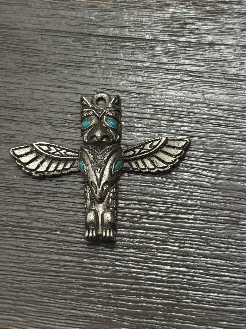 Vtg 70's MCM Stainless Steel Western Native Bird Totem Faux Turquoise Pendant